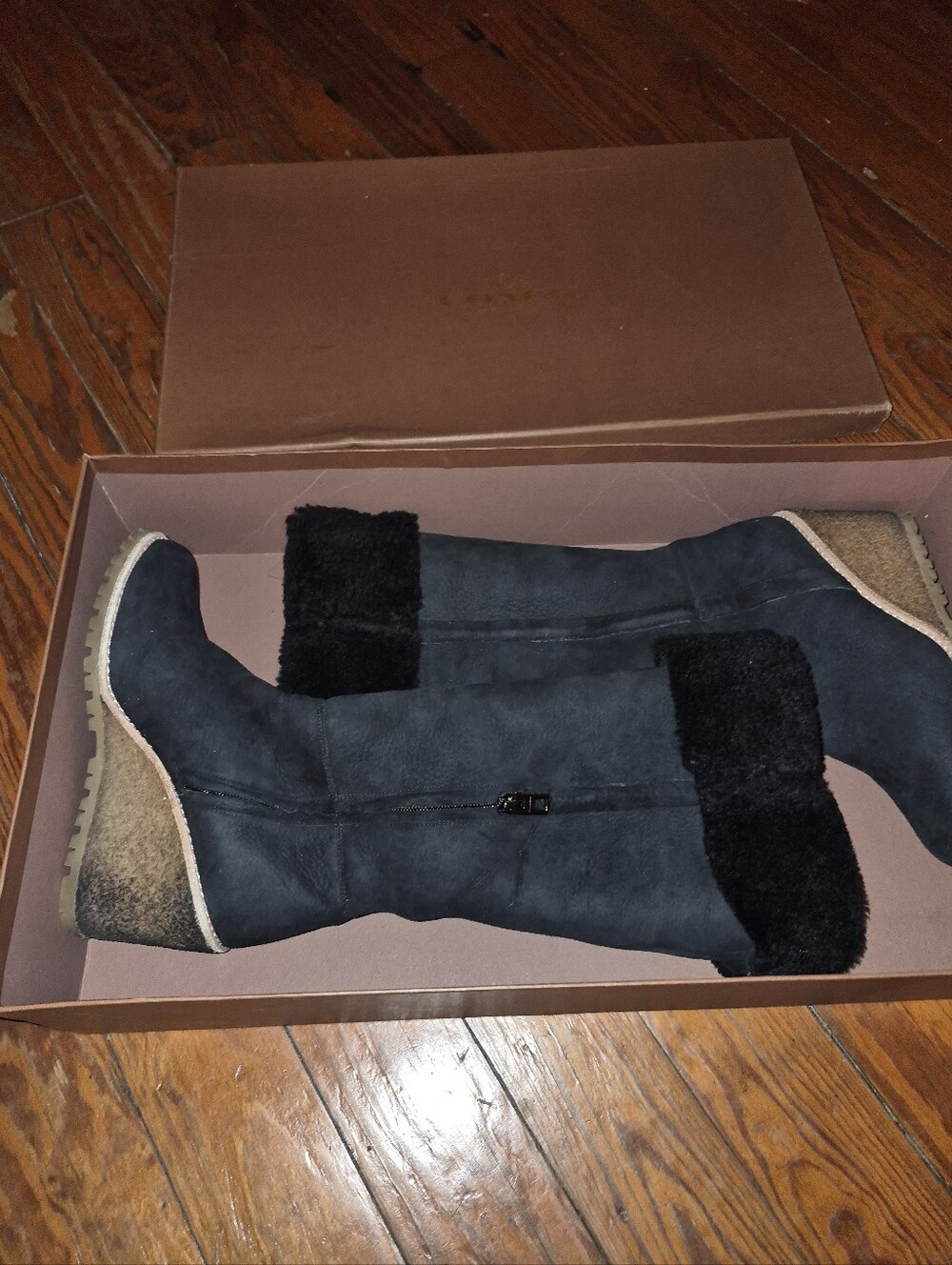 Coach Black Suede Wedge Heel Boots With Sherpa Lining